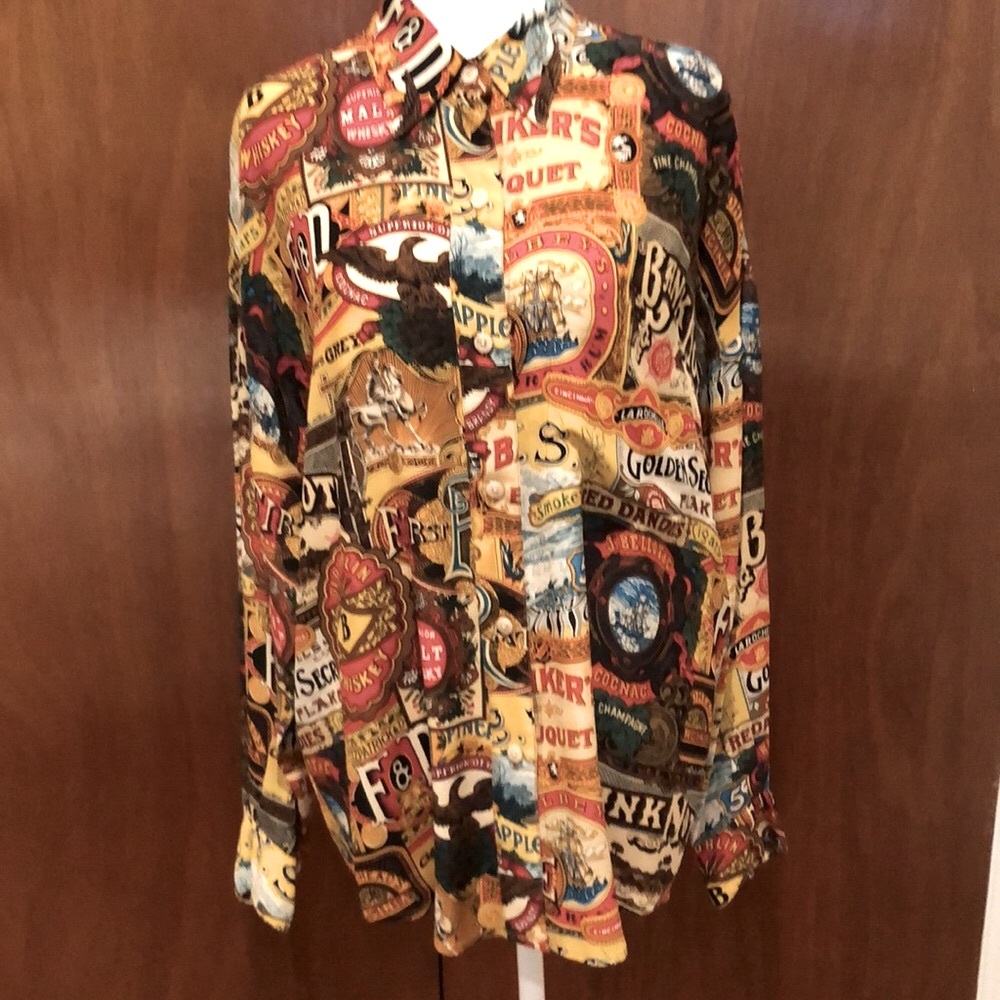 Company By Ellen Tracy Vintage Cigar/Whiskey Collage Pattern Silk Blouse - EUC